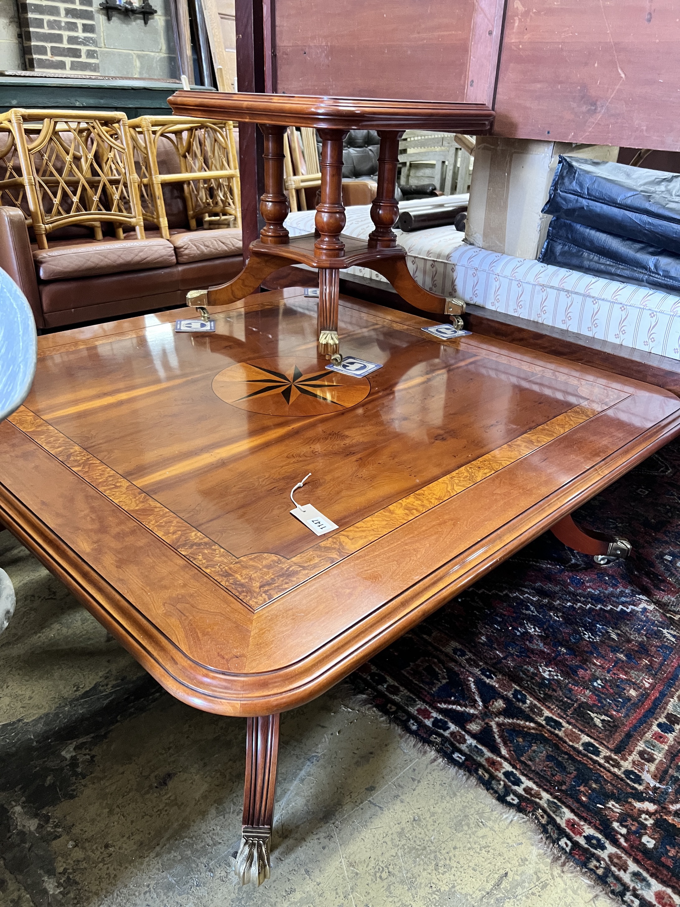 An inlaid yew wood square coffee table, 120cm and a matching occasional table, width 54cm